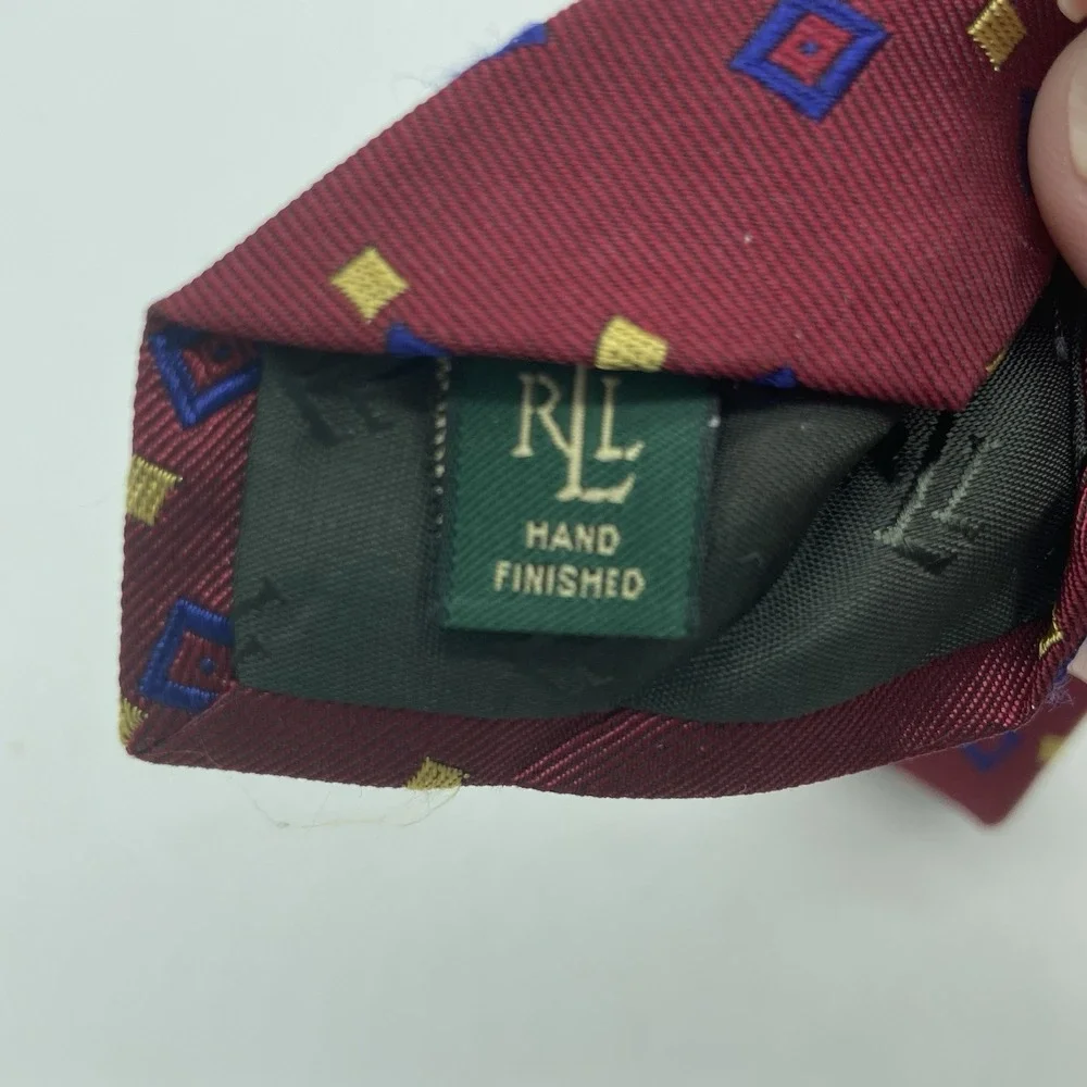 Lauren Ralph Lauren Neck Tie - Hand Finished In USA, 100% Silk - Dark Red Geo